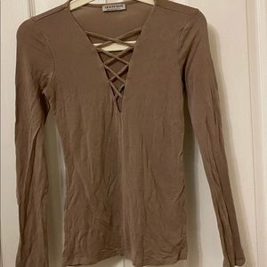 Taupe long sleeve lace up fashion nova shirt - size small
